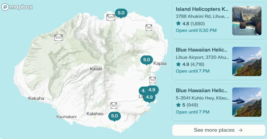 Kauai Helicopter Tour Departure Locations Map